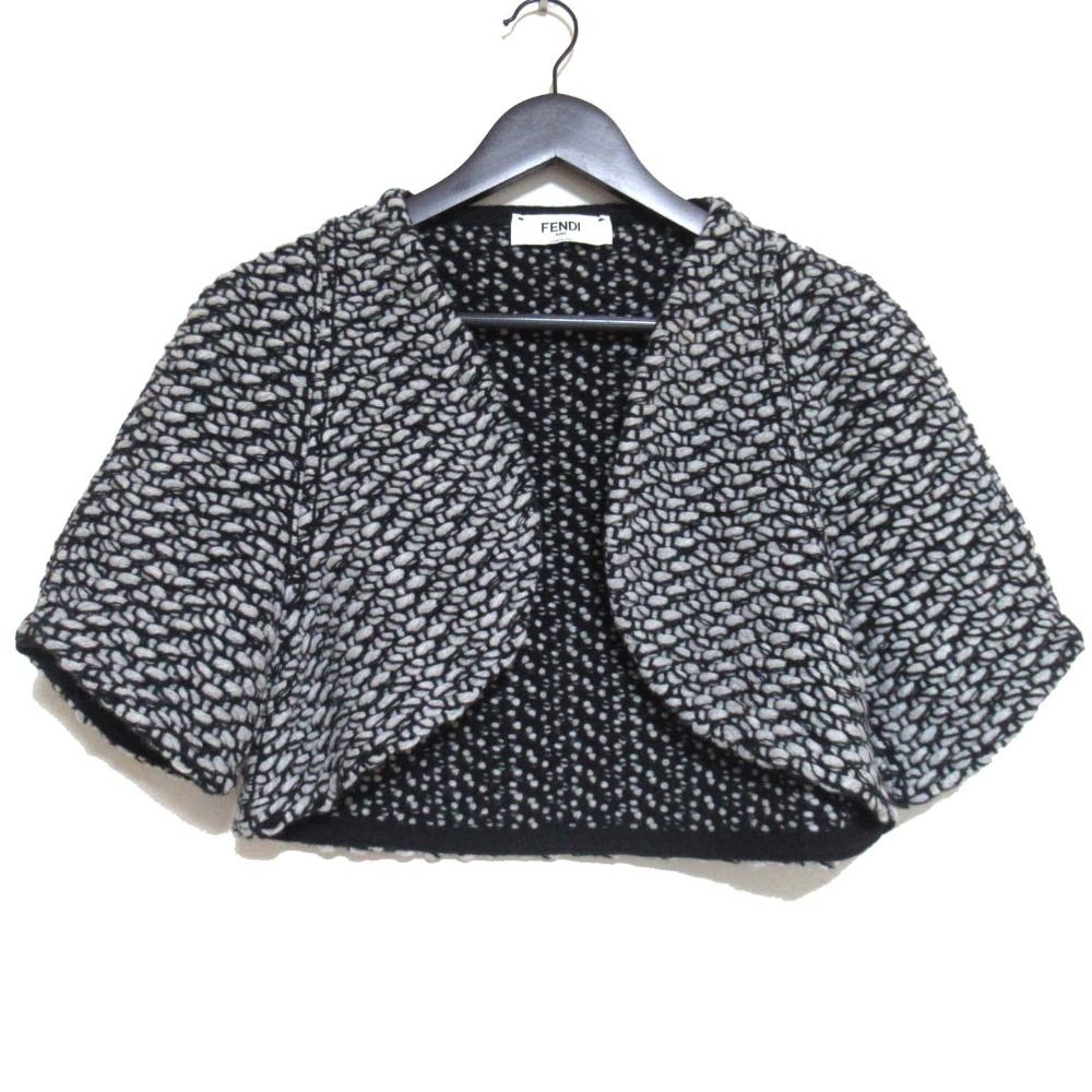 FENDI フェンディ ウール カシミヤ ミックスニット ボレロ ジャケット 42サイズ グレー ブラック レディース 古着