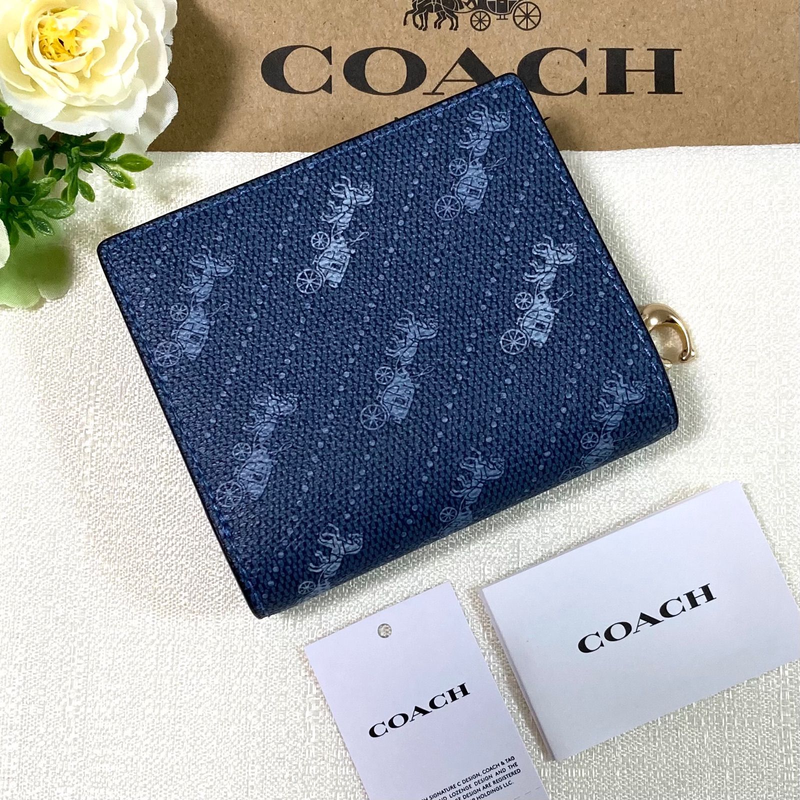 新色☆COACH コーチ 二つ折り財布 2つ折り 紺 ネイビー 青 ロゴ