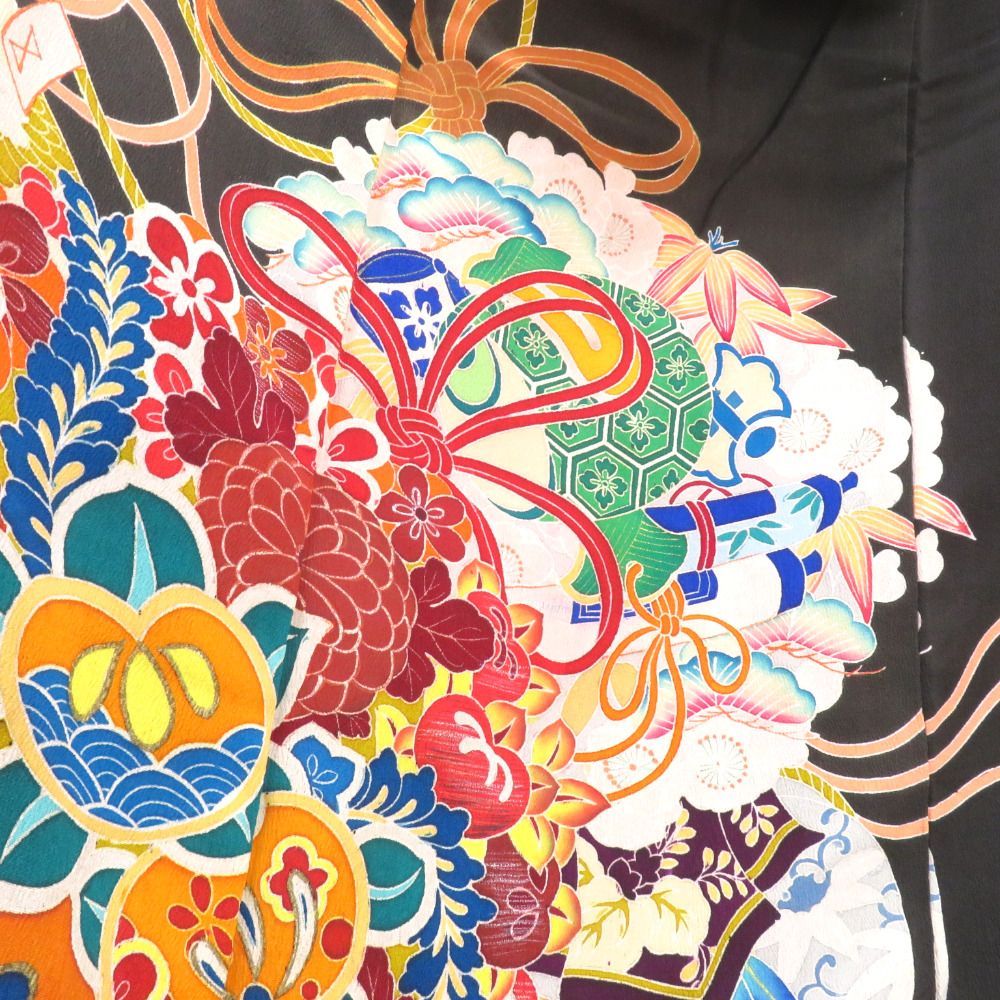 黒留袖 アンティーク 昔着物 正絹 黒 両褄 多色 檜扇 薬玉 宝文様