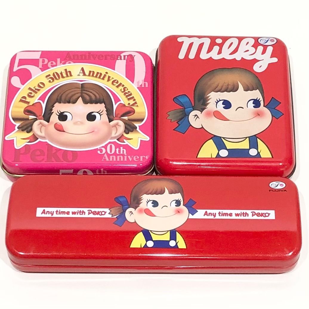 1001 ミルキー ボックス 缶 小物入れ ペンケース レトロ 不二家 ペコちゃん FUJIYA milky box 3点セット 50th  アニバーサリー缶 - メルカリ