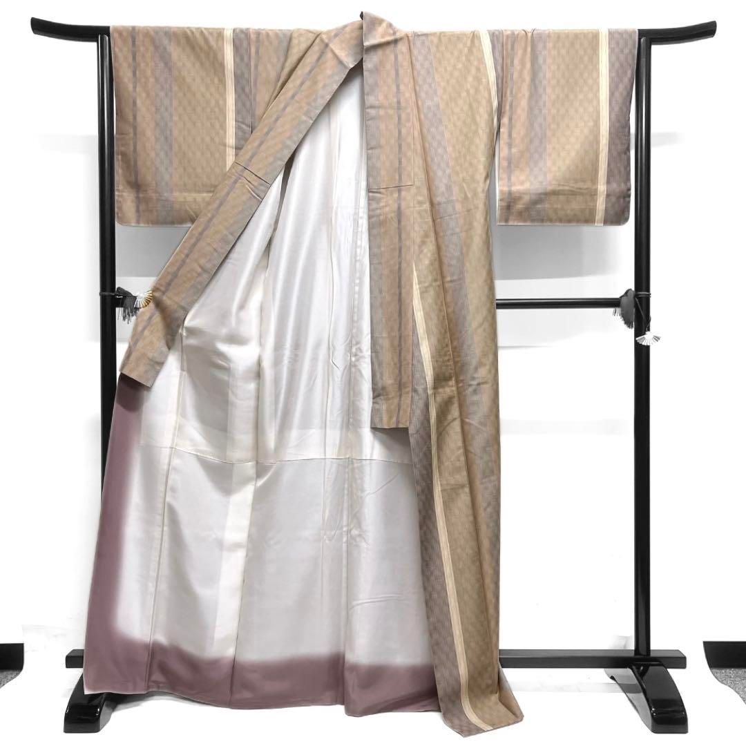 小紋紬立涌縦縞くすみカラーお洒落着物021a d 