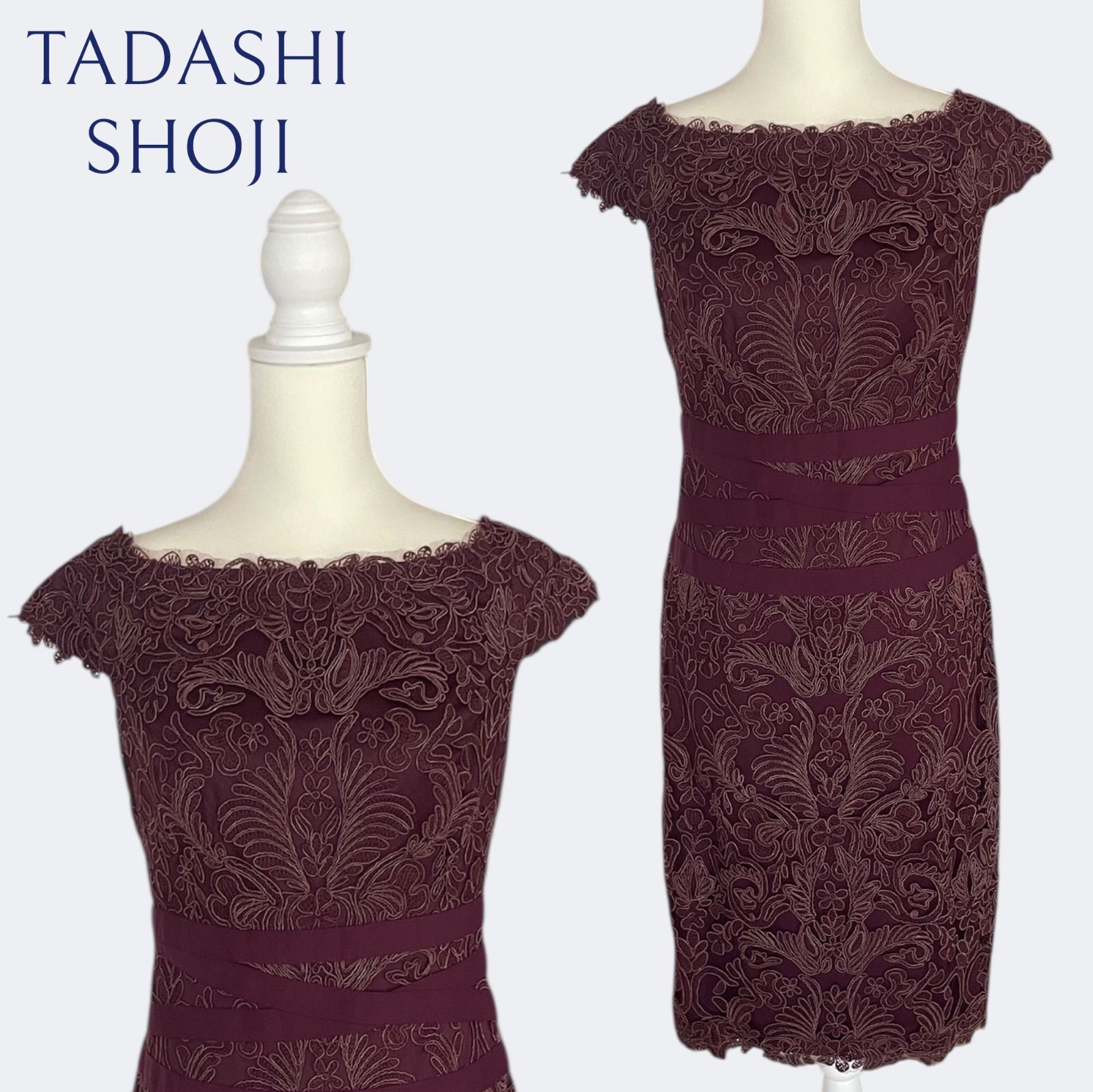 ◆TADASHI SHOJI タダシショージ 上品大人ボルドーお花刺繍の総レースタイトワンピース M-Lサイズ