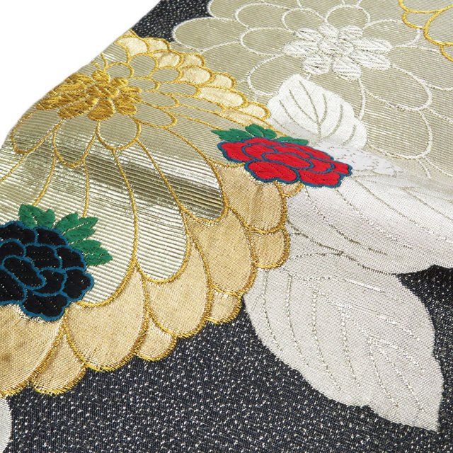 袋帯 振袖用 中古 唐織 花模様 牡丹 菊 箔糸 黒色 多色 金 A894