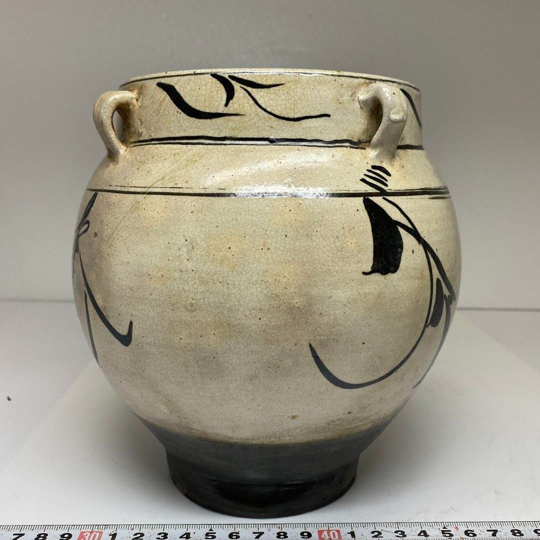 中国明時代 磯州窯 四耳壺 高さ19㎝ 箱付 トヒニト 本な6-1109☆1F