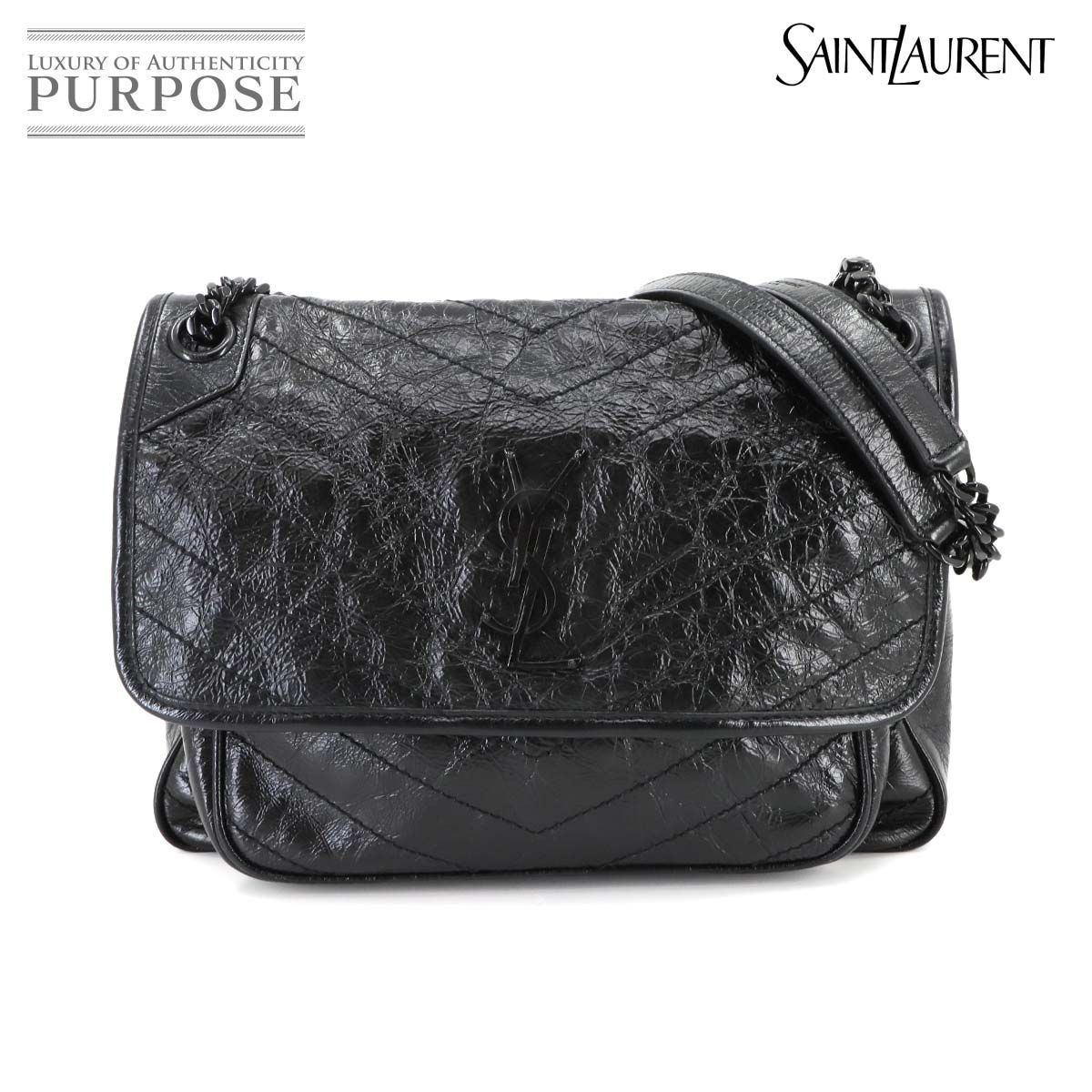 サンローラン SAINT LAURENT ニキ ミディアム チェーン ショルダー バッグ レザー ノワール 575055 ブラック 金具 90297055