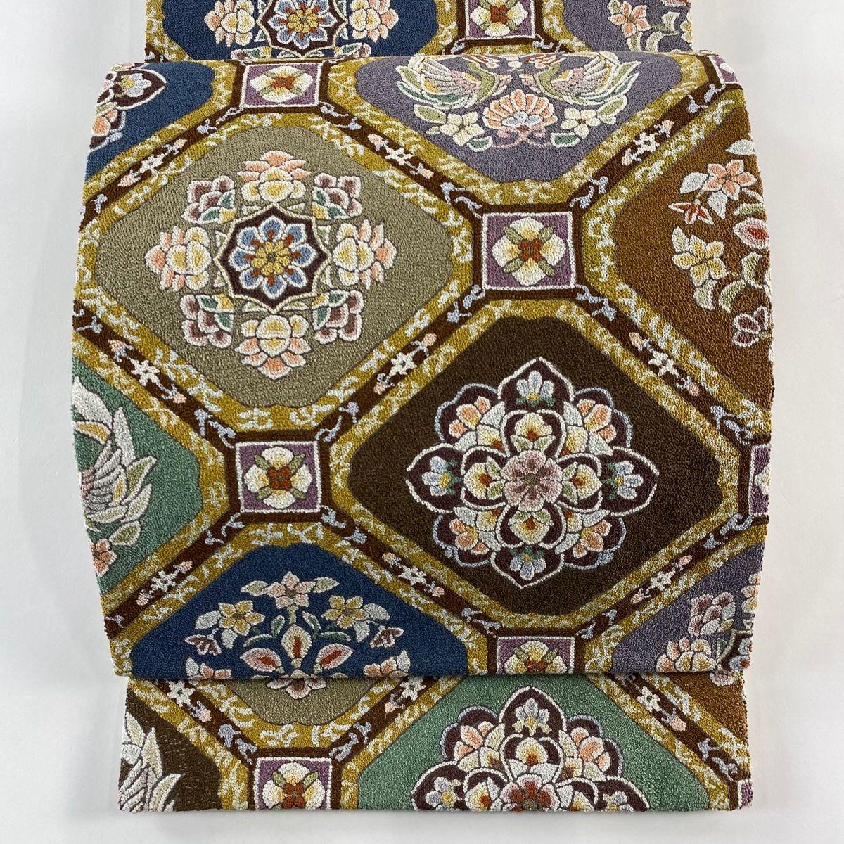 袋帯 蜀江華文 向かい鳥 相良刺繍 銀糸 茶色 六通 正絹