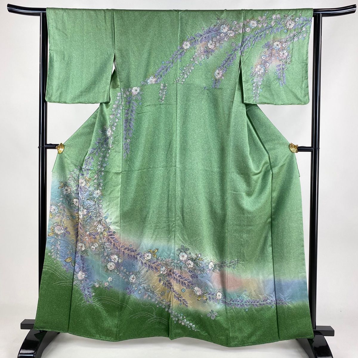 訪問着 身丈161cm 裄丈64cm M 袷 辻が花 波 金彩 ぼかし 薄緑 正絹 名品