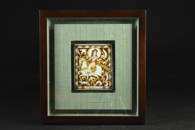 蔵A5505b 七代 加藤幸兵衛 ラスター彩騎馬人物文 陶額