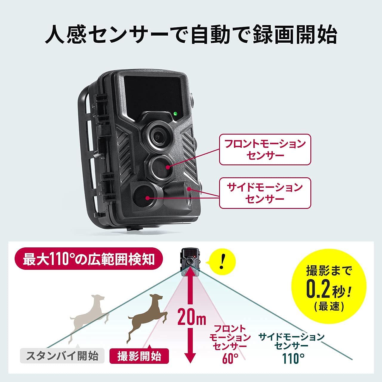 サンワダイレクト トレイルカメラ 野生動物監視カメラ 4K 防水防塵IP66 防犯カメラ 暗視 広角 乾電池式 夜光らない 400-CAM092 -  メルカリ