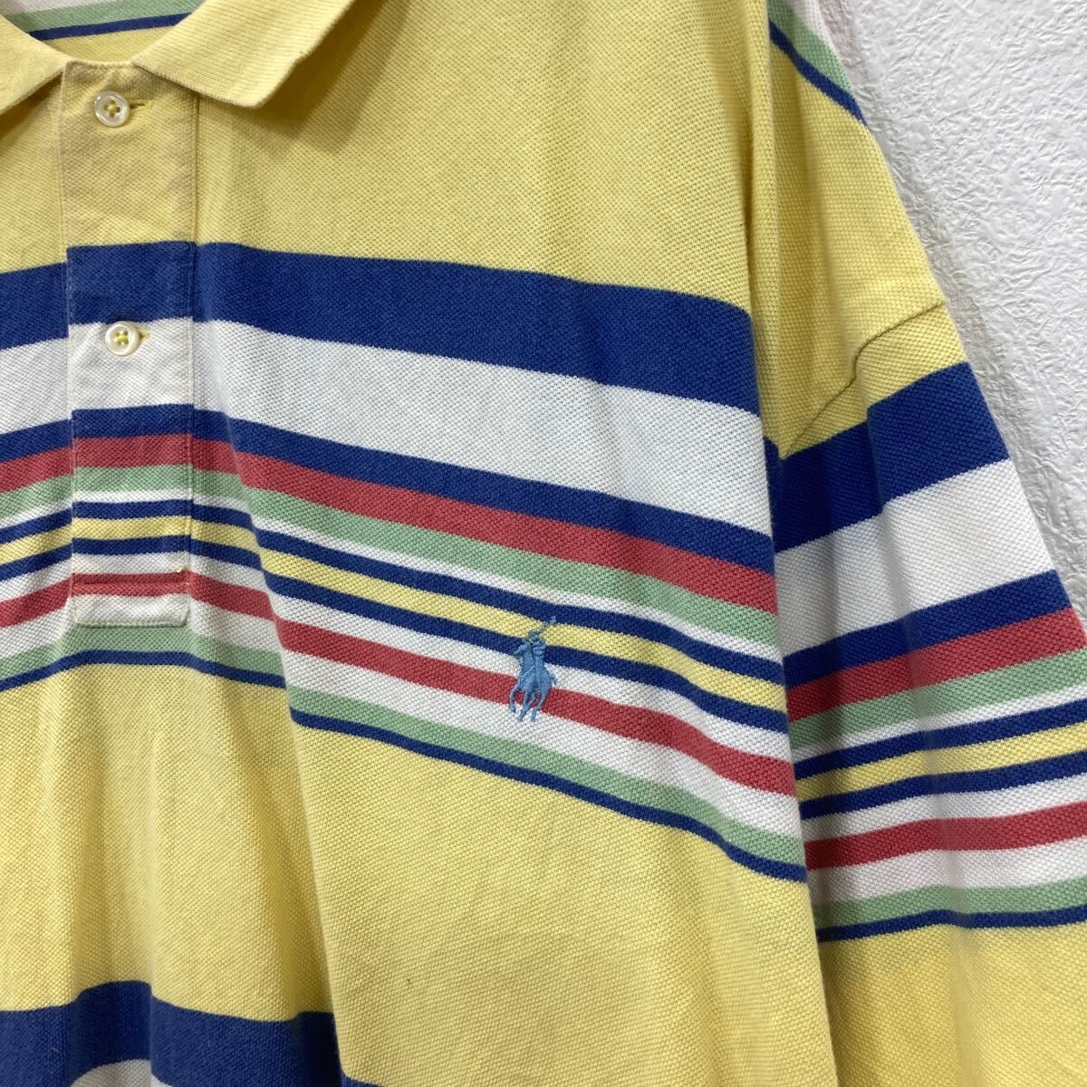 【デッドストック　80s】ラルフローレン　ニットポロシャツ　ロゴ刺繍　メランジ POLO RALPH LAUREN 半袖 ポロシャツ 4XLT イエロー×ボーダー