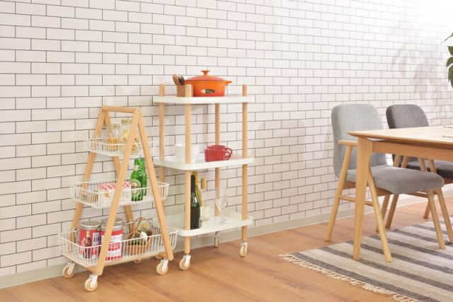 バスケットワゴン W55×D35.5×H86.5 ホワイト バスケットワゴン ワゴン バスケット キッチンワゴン ガーデンプランター フェイクグリーン 植物 観葉植物 天然木 木製 スチール 北欧 ナチュラル シンプル キャスター テーブルサイド ラック 棚 MARWIL-DEMENAGEMENTS_CH