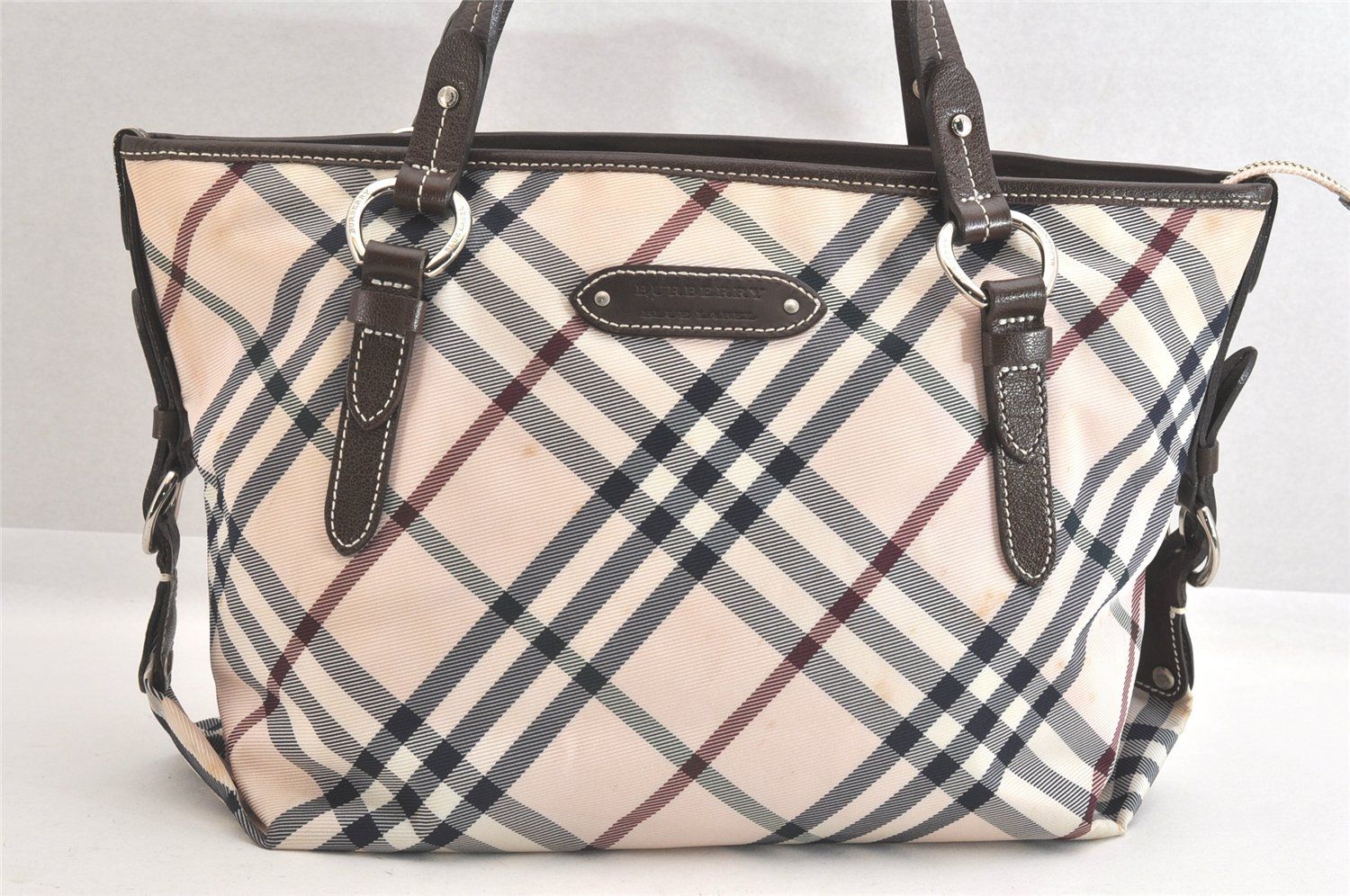 BURBERRY BLUE LABEL バーバリーブルーレーベル チェック柄 ショルダートートバッグ ナイロン レザー ピンク 2942N