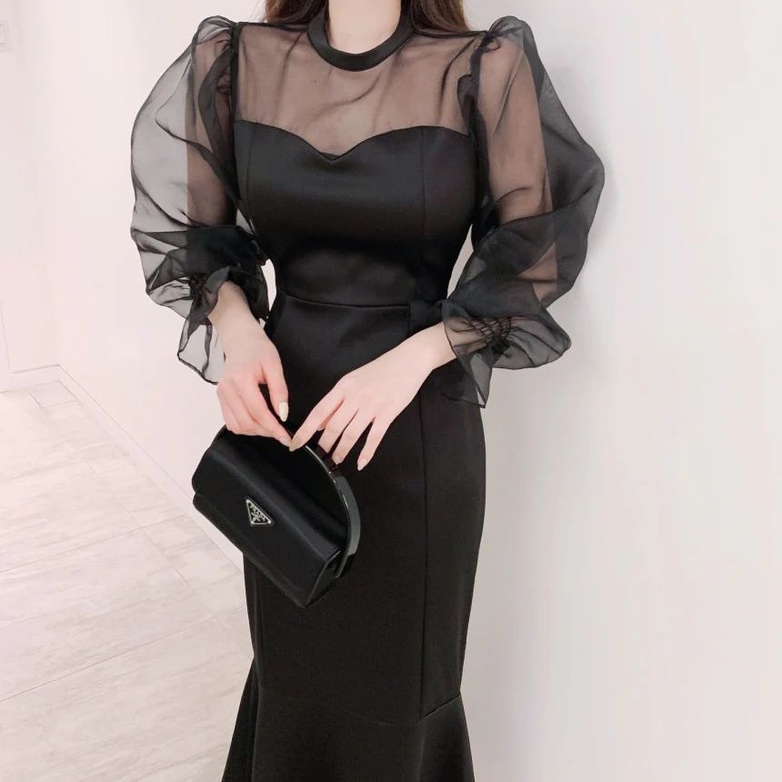◆フィッシュテール ワンピース シースルーオーガンジー タイトワンピース レースワンピース ロングワンピ フィッシュ