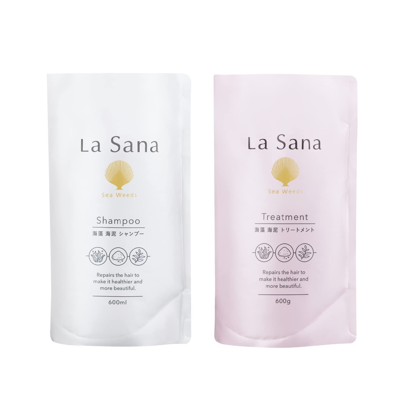 【在庫処分】ラサーナ (La Sana) 海藻 海泥 シャンプー＆トリートメント詰め替え用セット 600ml / 600g (ローズヒップの甘ずっぱいさわやかな香り) ダメージケア