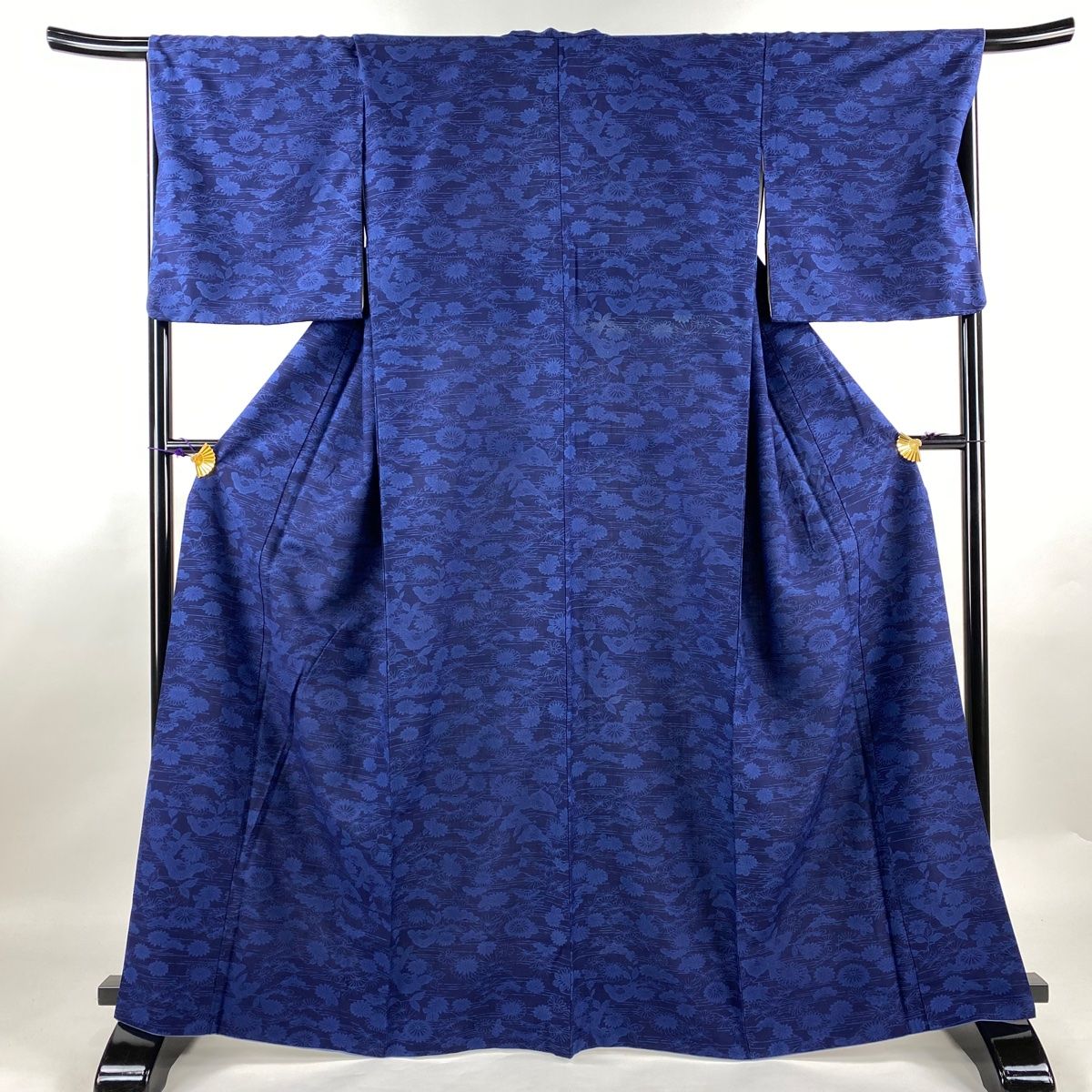 小紋 身丈165.5cm 裄丈67.5cm L 袷 結城紬 証紙 椿 笠松 草花 藍