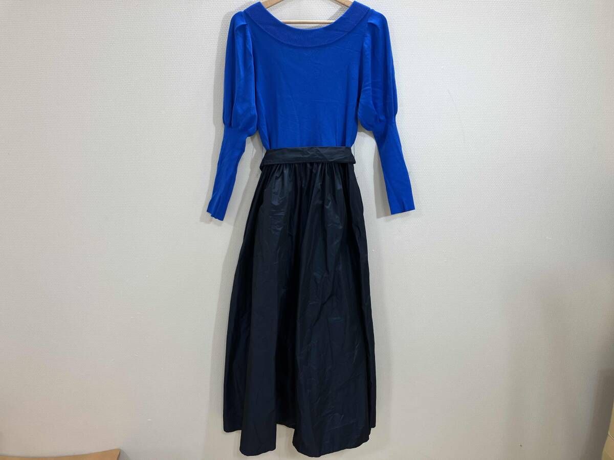 LOU LOU WILOUGHBY 長袖ワンピース 異素材切り替えワンピース ニットV首ワンピース ブルー ネイビー 2