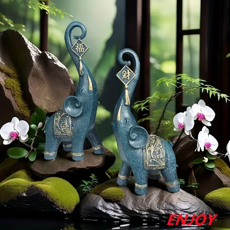青白い象の置物 花飾り付き2個 青白い象の置物 花飾り付き2個