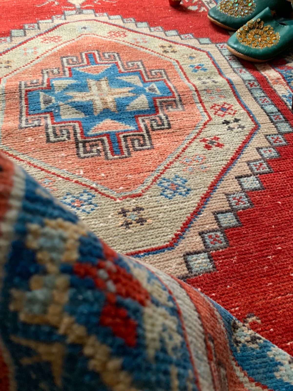 希少 バーミリオン レッド 205×98 ターコイズ トルコヴィンテージラグ