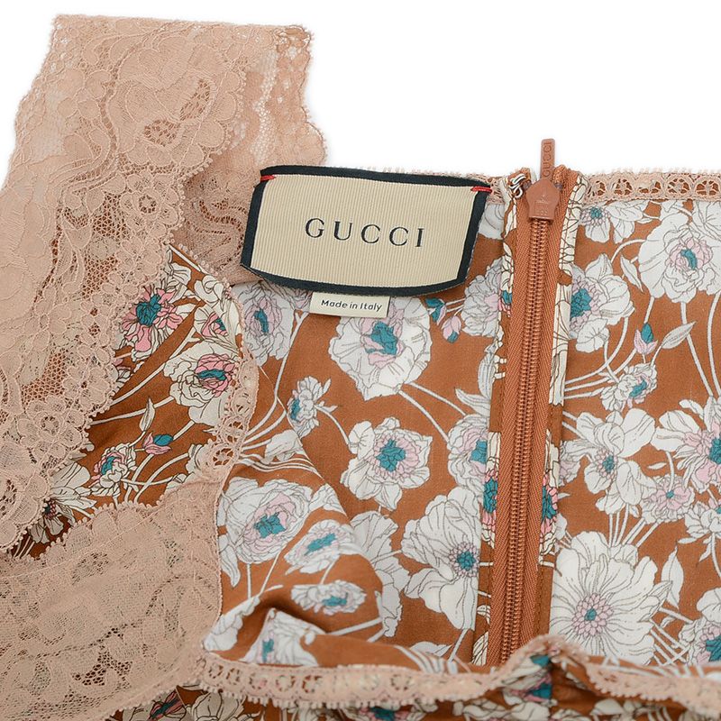 グッチ フローラルプリント レース トリムツイルドレス gucci-floral-print-lace-