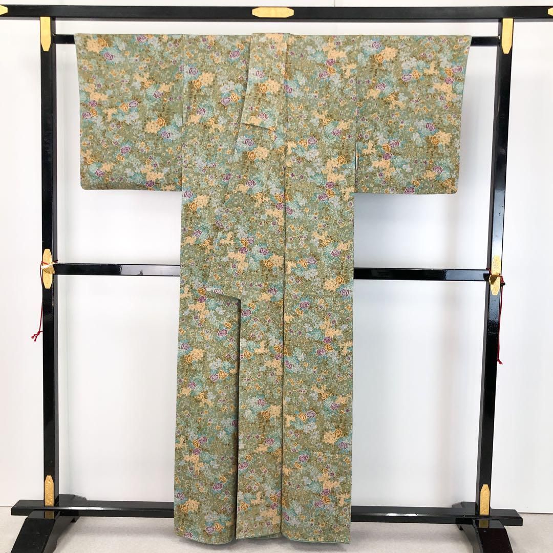 小紋 美しい薔薇の花模様 豆青色 縮緬 K-4478