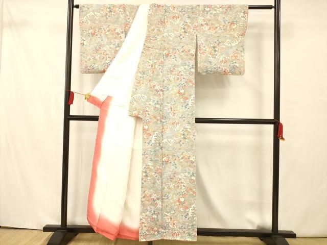平和屋着物□上質な小紋 扇子草花文 鬼しぼ縮緬 正絹 逸品 未