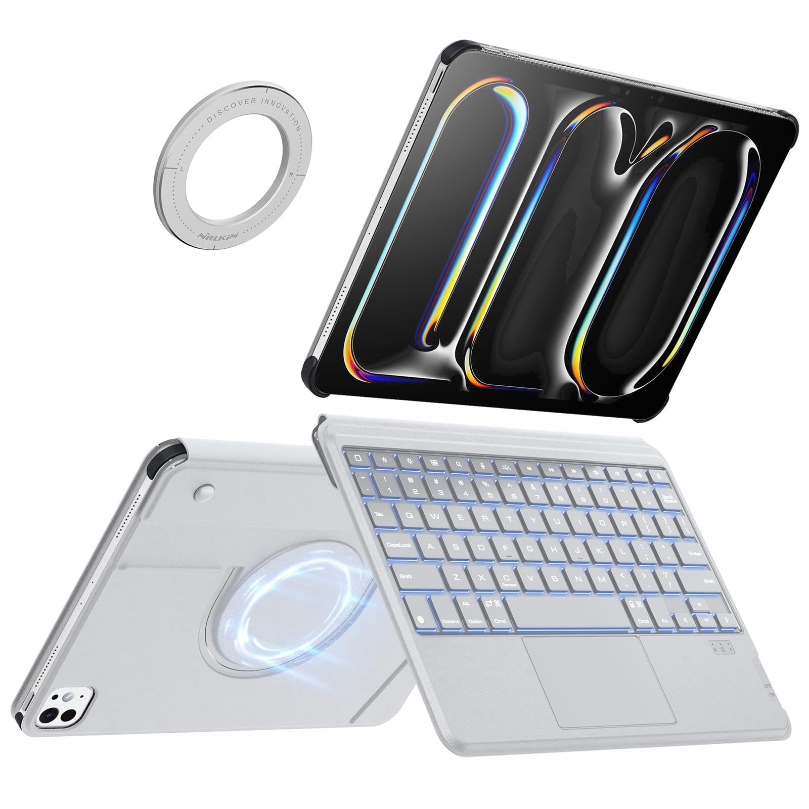 Pro M4 iPad 第5世代 2025 タブレット用 Bluetoothキーボード＆貼り付け式スタンド 着脱式 11インチ 超高精度タッチパッド搭載 usb-c充電 キーボード 多角度調整 バックライト 超軽量500ｇ Nillkin 多用途磁吸