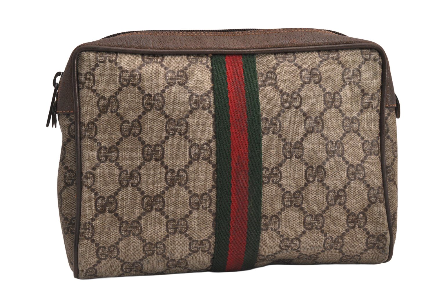 GUCCI グッチ ウェブ シェリーライン クラッチハンドバッグ GGピーブイシー レザー ブラウン ジャンク 7568M