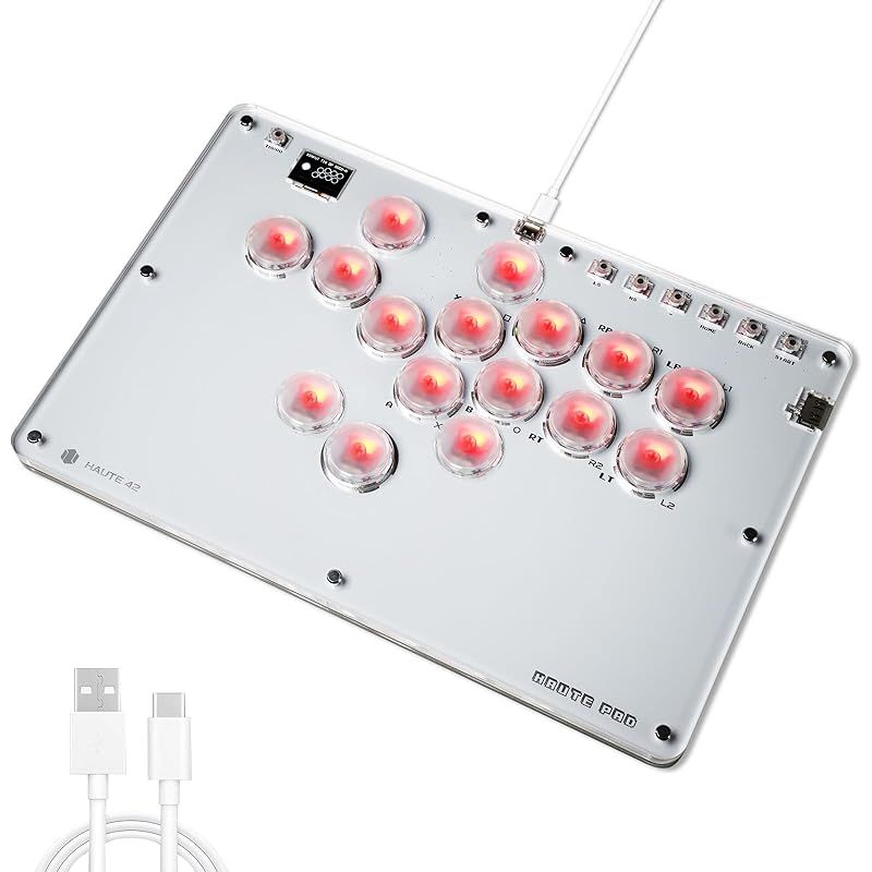Haute42 レバーレス アケコン 薄型ロープロ16ボタンレバーレスコントローラー 膝置き可 無遅延 T16 格ゲー向け For PC Switch PS4 PS3 RGB LED ホットスワップ 天板カスタマイズ用テンプレート 天板広め