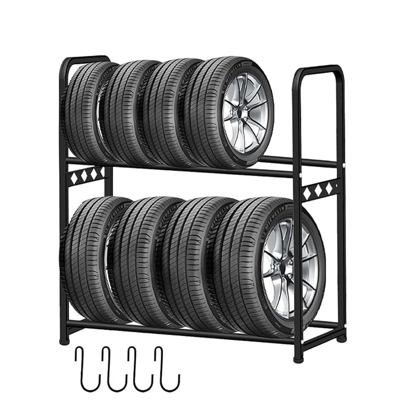 Fe.Takeo タイヤラック タイヤスタンド 8本タイヤ収納 2段式 高さ調整 組立簡単 大型 収納ラック 耐荷重300kg 幅111cm×奥行37cm×高さ110.5cm S字フック4個付属 0