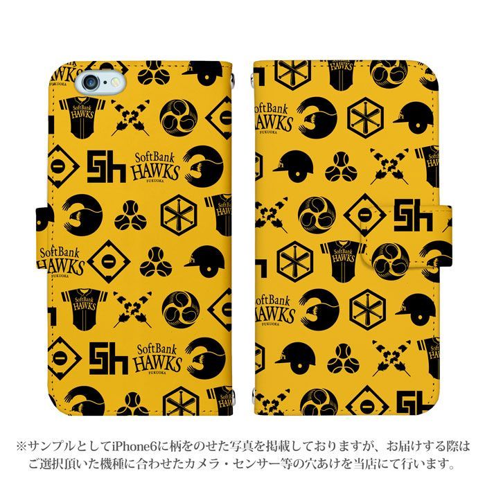 Softbank HAWKS 正規品 Pixel 6 ケース 手帳型 スマホケース [デザイン:23.和柄ピクト(黄)/マグネットハンドあり] 福岡 ソフトバンク ホークス パターン グッズ