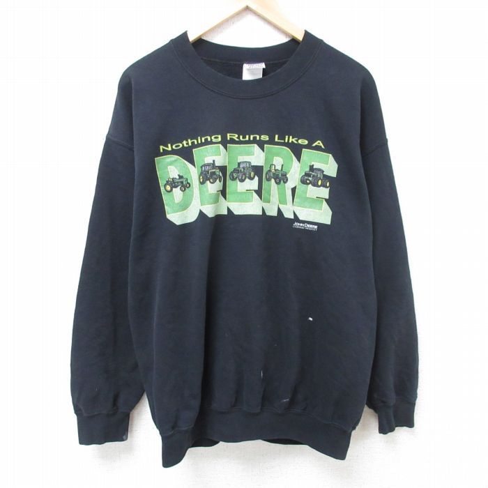 XL/古着 長袖 スウェット メンズ 00s ジョンディア トラクター クルーネック 黒 ブラック 24sep02 中古 スエット トレーナー トップス