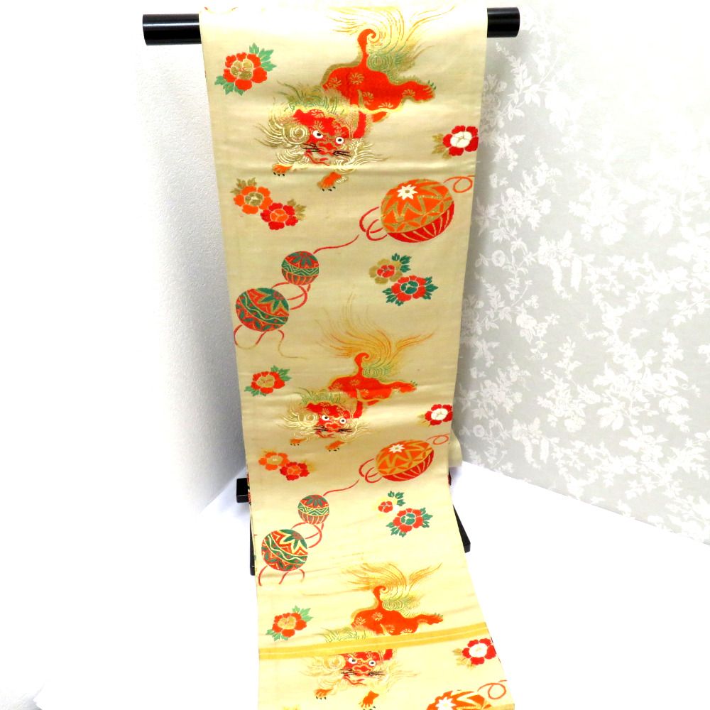 丸帯 アンティーク 正絹 両面 全通 ベージュ 檜扇 御所車 鶴 花 手毬