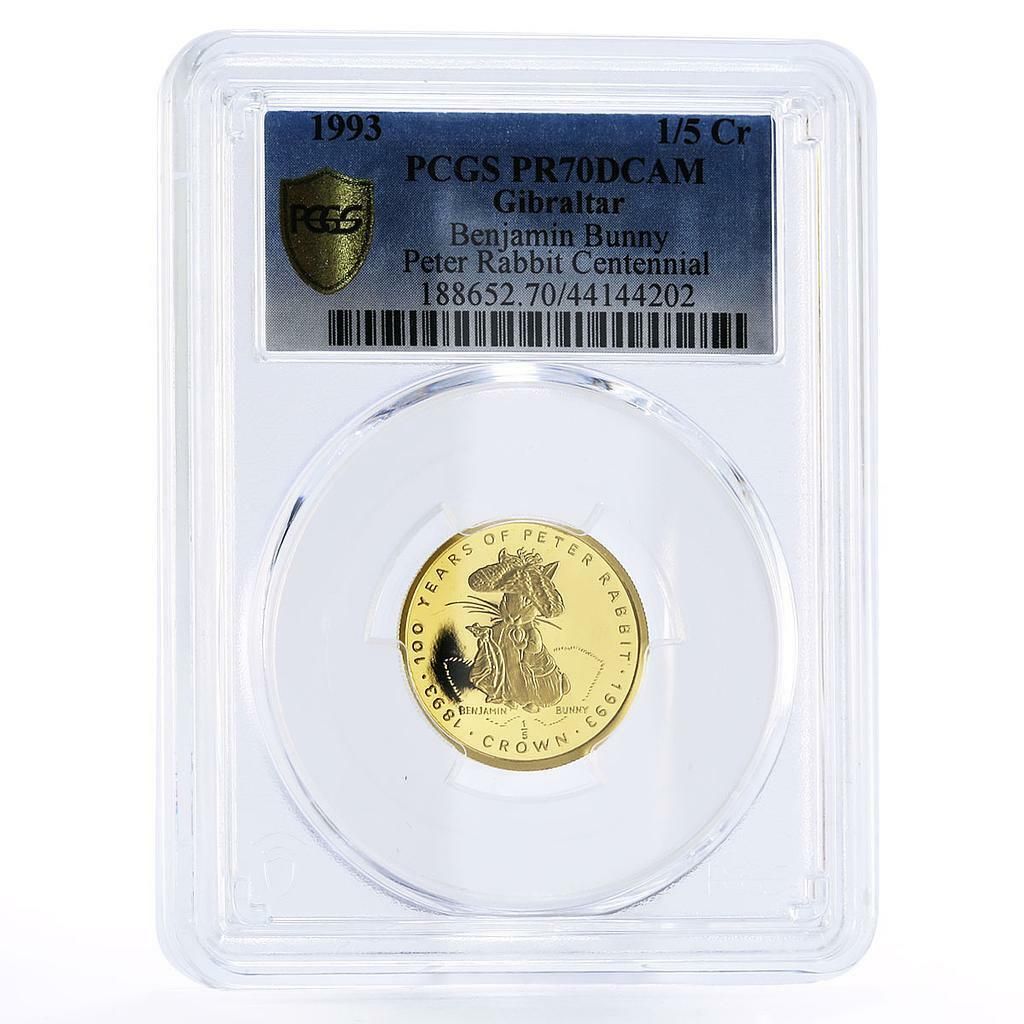Gibraltar 1 5 crowns Peter Rabbit Benjamin Bunny PR70 PCGS g coin 1993