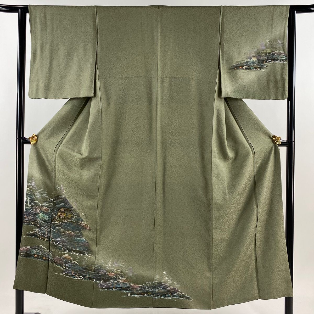 付下げ 身丈150cm 裄丈62.5cm S 袷 家屋 松 金彩 ぼかし 灰緑 正絹 秀品