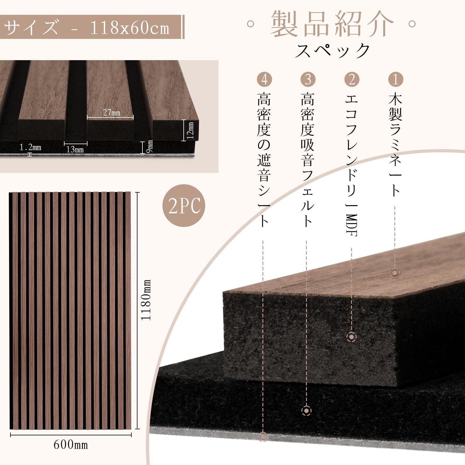  Walspax 強化版吸音ボード 1.2 mm遮音シート付き 118 x 60.5 cm 2 PC ウッドパネル 吸音材 防音壁 木製 3 d 防音パネル 騒音対策 木板 ウォールパネル 防音室 音工房 歌 練習 ゲーム 隣の部屋 うるさい ピアノ カラオケ ウォールナッ 防音 吸音材 材料 資材