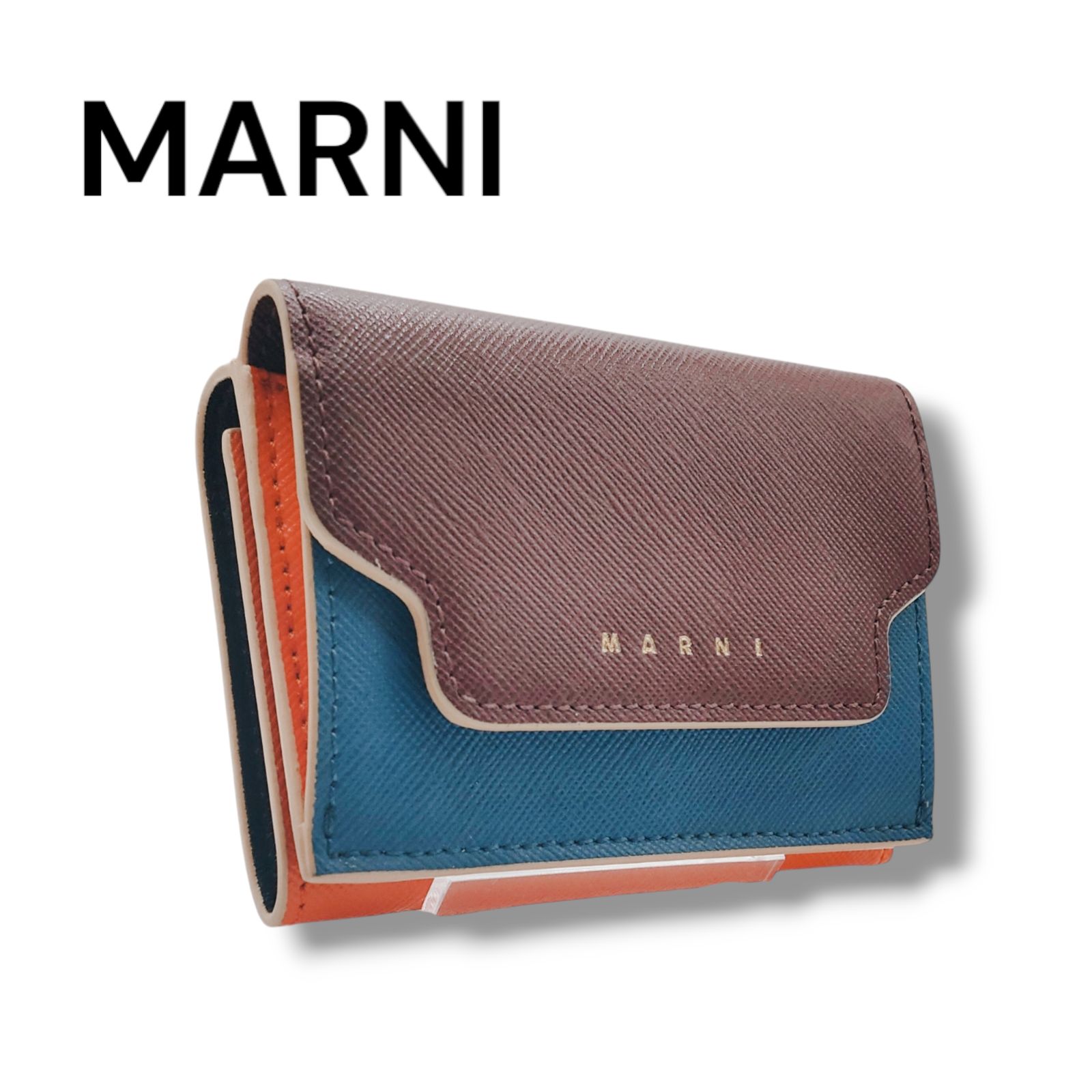 保存箱・袋あり MARNI マルニ 三つ折り財布 三つ折りウォレット レザー MARNI マルニ 財布 三つ折り 箱付き 保存袋 ブラウン ブルー