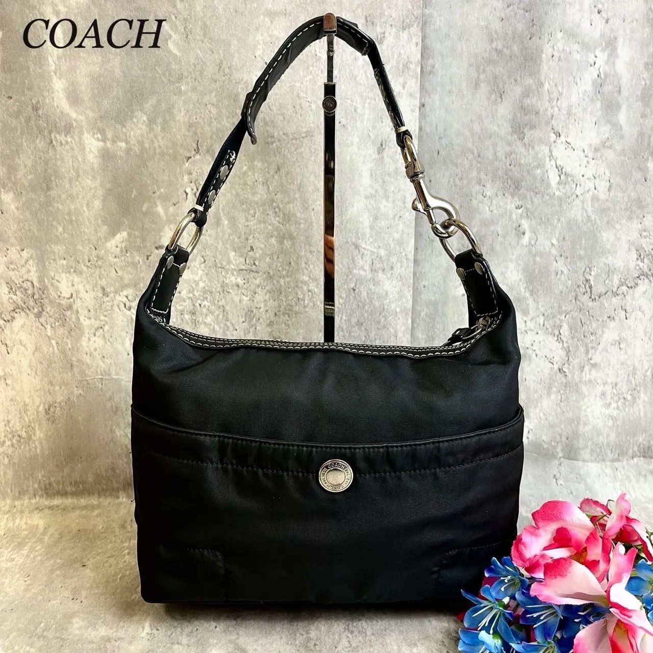 ✨良品✨COACH コーチ ハンドバッグ トートバッグ シルバー金具 ロゴ刻印 肩掛けトート ロゴ型押し ナイロン レザー ブラック 黒色