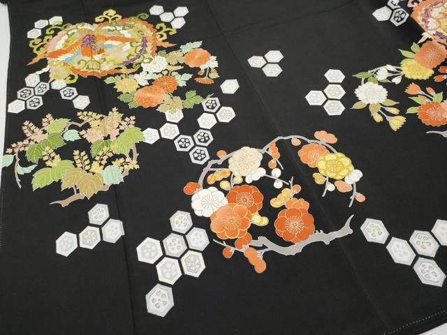 平和屋本店□極上 創業460年・千總 黒留袖 駒刺繍 鳳凰花丸文 金彩
