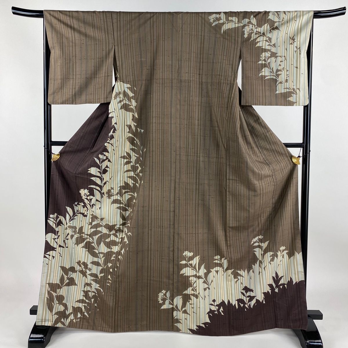 訪問着 身丈167.5cm 裄丈66cm M 袷 紬地 シルエット 縦縞 焦茶色