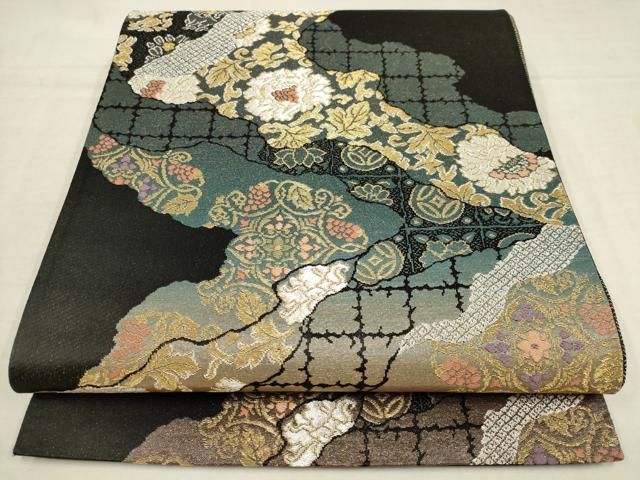 平和屋着物▽六通柄袋帯 道長花唐草文 黒地 金銀糸 正絹 逸品