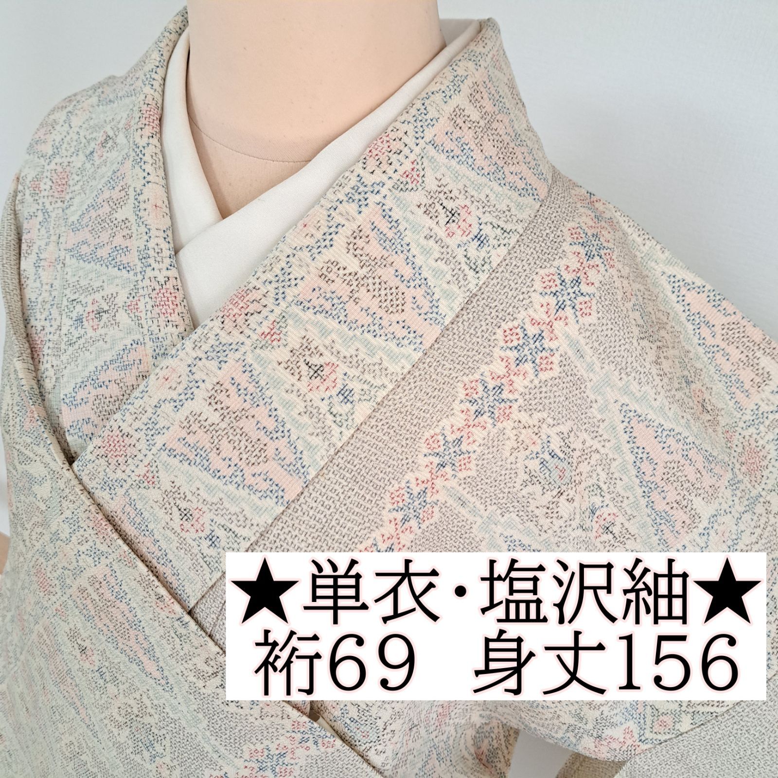 単衣・塩沢紬 】裄69cm 身丈156cm 紬 アイボリー地に