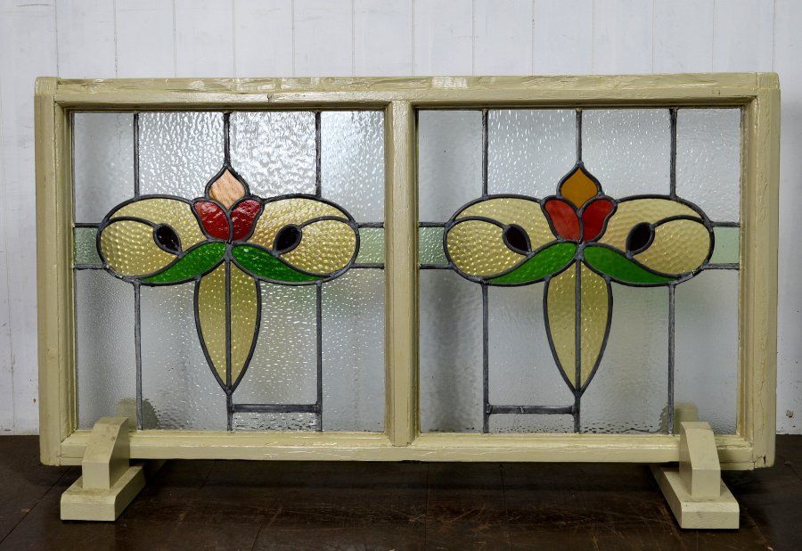 蔵A5380e 建具 イギリスアンティーク ステンドグラス 衝立 窓枠 木製枠