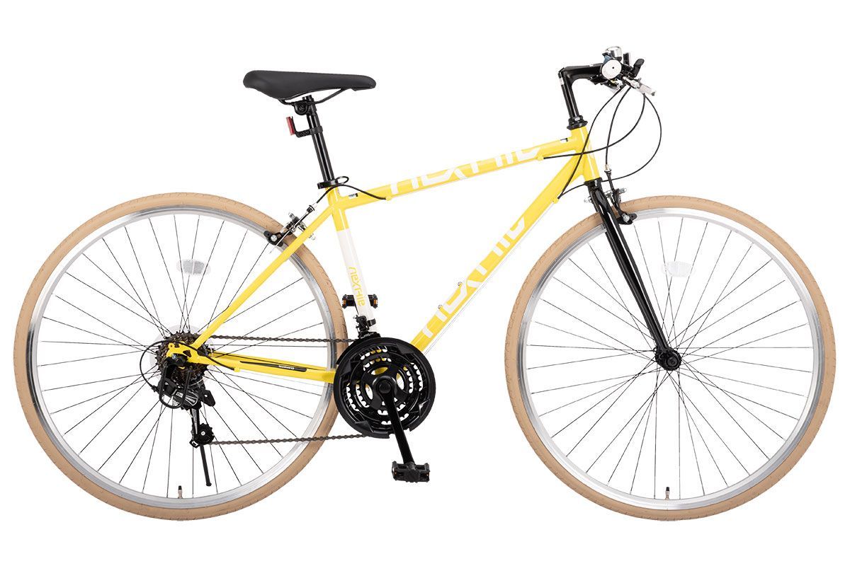 自転車 クロスバイク シマノ 21段変速 700C(約27インチ) NX-7021 イエロー カラータイヤ 鍵付き 泥よけ付き ライト付き