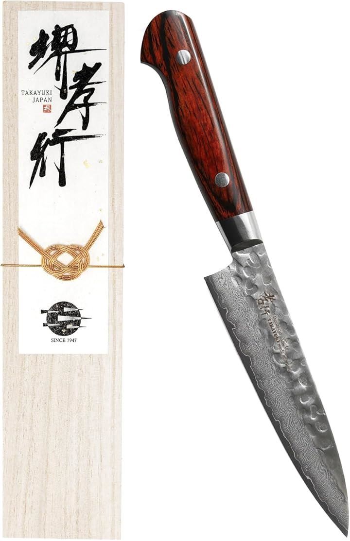 KitcheNavi 堺孝行 プロの料理人が愛用するブランド ダマスカス ペティナイフ 120mm 果物ナイフ フルーツナイフ V金10号 vg10 万能包丁 33層槌目 マホガニー柄 日本製 ダークブラウン ペティナイフ 120mm