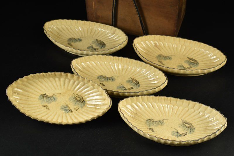 蔵A5607 古清水 寶山 舟形松の絵 向付 五客 粟田焼