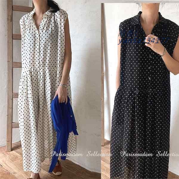 マキシ丈ギャザーワンピース ドット柄 水玉 ルーズ ローウエストギャザー ノースリーブ お出かけ女子会20代30代40代50代60代 yan5a334177