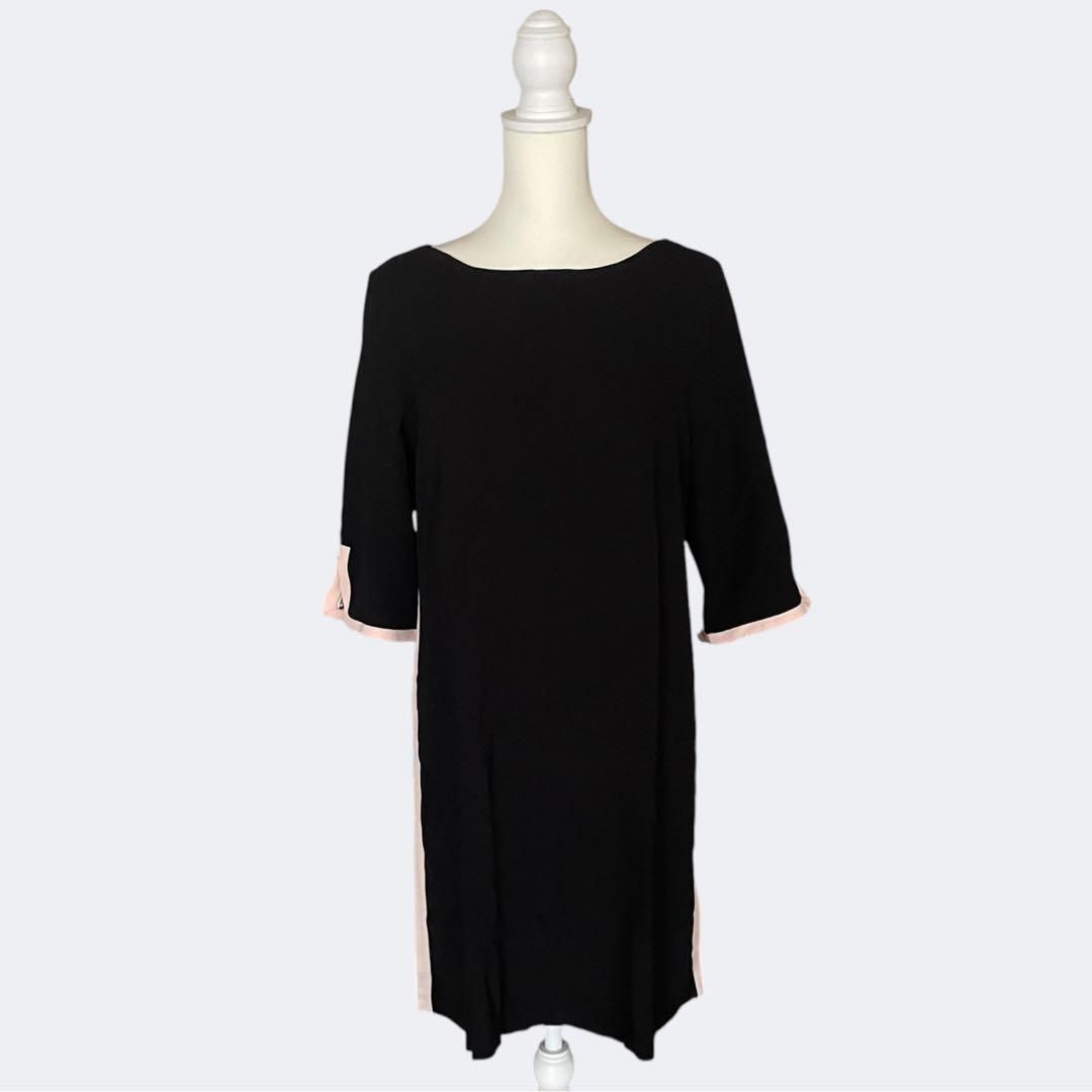 ◆ROMANローマン スッキリブラックワンピース上品淡ピンクライン XL