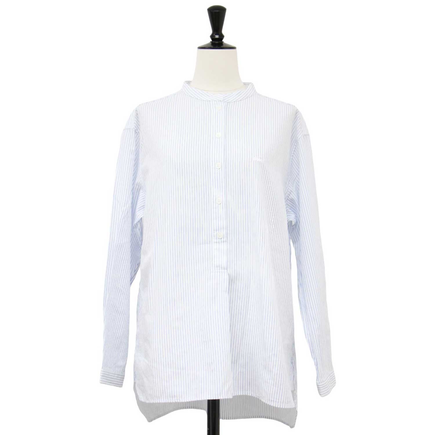 LACOSTE ラコステ シャツ ホワイト ブルー サイズ 34 S | スタンド プルオーバー シャツ | 長袖 ストライプ コットン | トップス ブラウス レディース