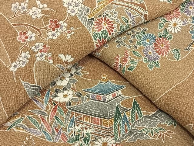 平和屋着物▽上質な小紋　単衣　風景草花文　正絹　逸品　AAAV2746fy 平和屋着物▽上質な小紋 単衣 風景草花文 正絹 逸品 AAAV2746fy