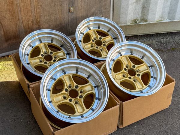 在庫限り 15×8J ±0 PCD 100 114.3 4穴 15インチホイール4本セット 深リム ゴールド 4本スポーク 旧車 スポーツカー ドリ車 ローダウン など